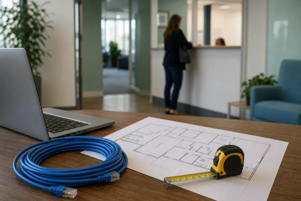 A desk with a printed floor plan, a laptop and a coil of blue network cable, a tape measure on top