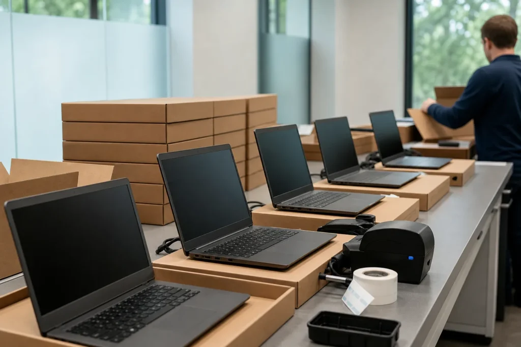 A row of new laptops being unboxed and set up on a clean workbench, boxes stacked and a label printer nearby