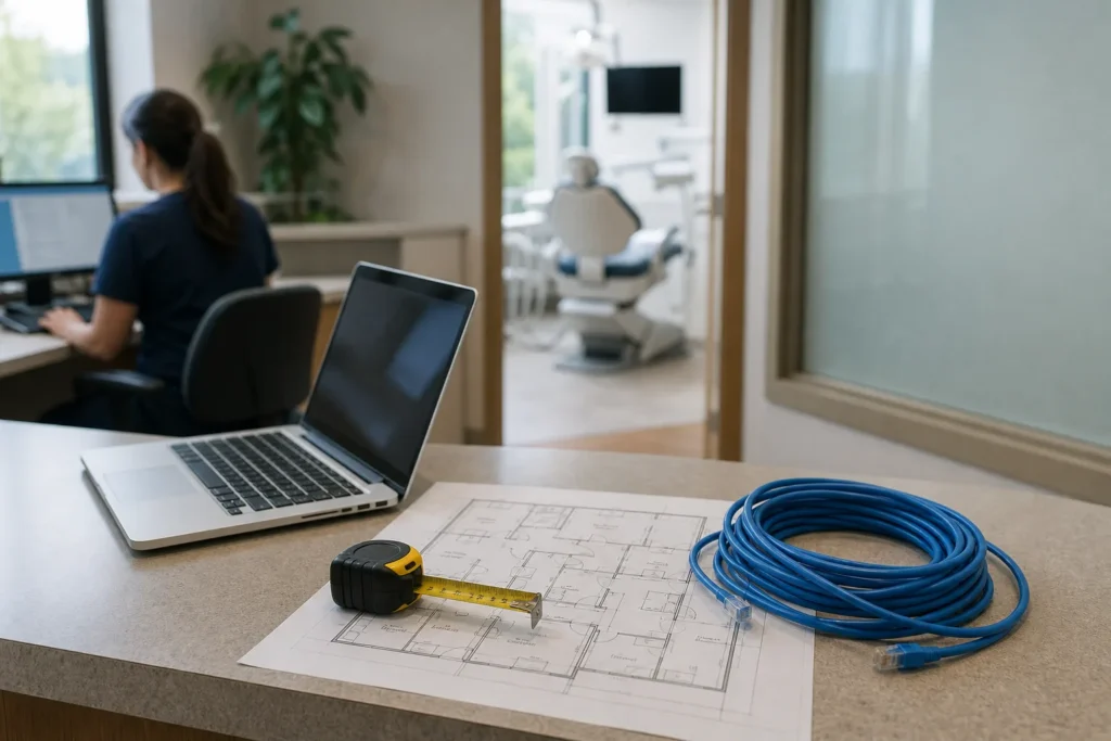 A desk with a printed floor plan, a laptop and a coil of blue network cable, a tape measure on top