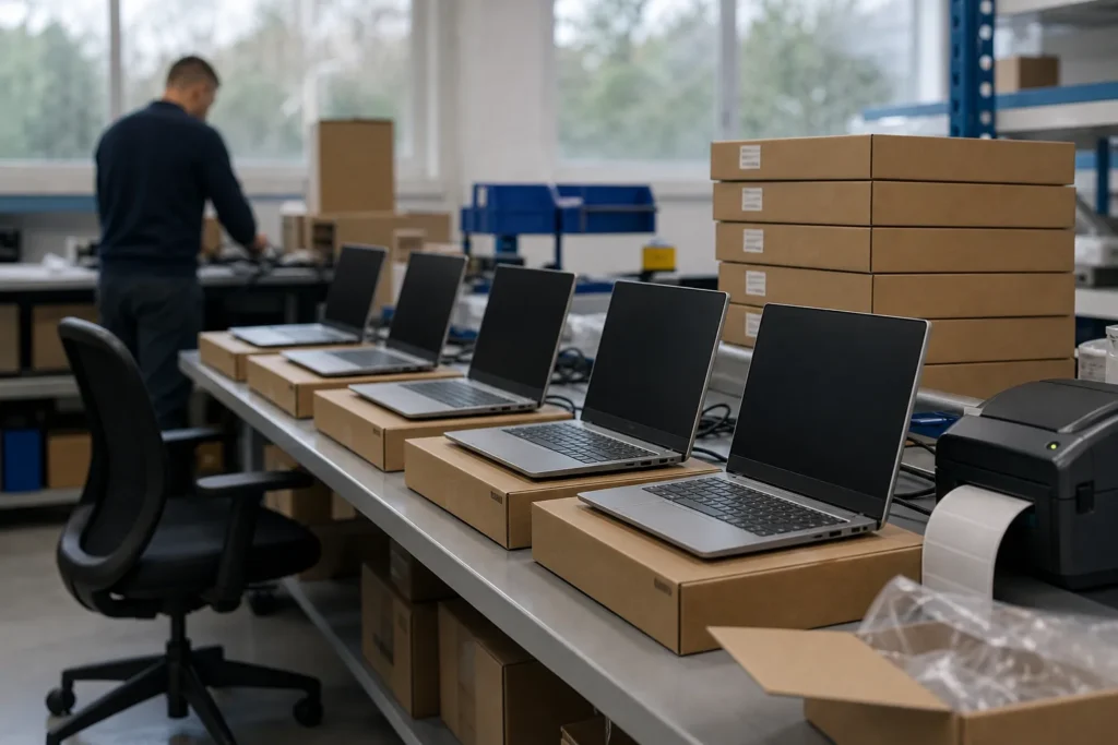 A row of new laptops being unboxed and set up on a clean workbench, boxes stacked and a label printer nearby
