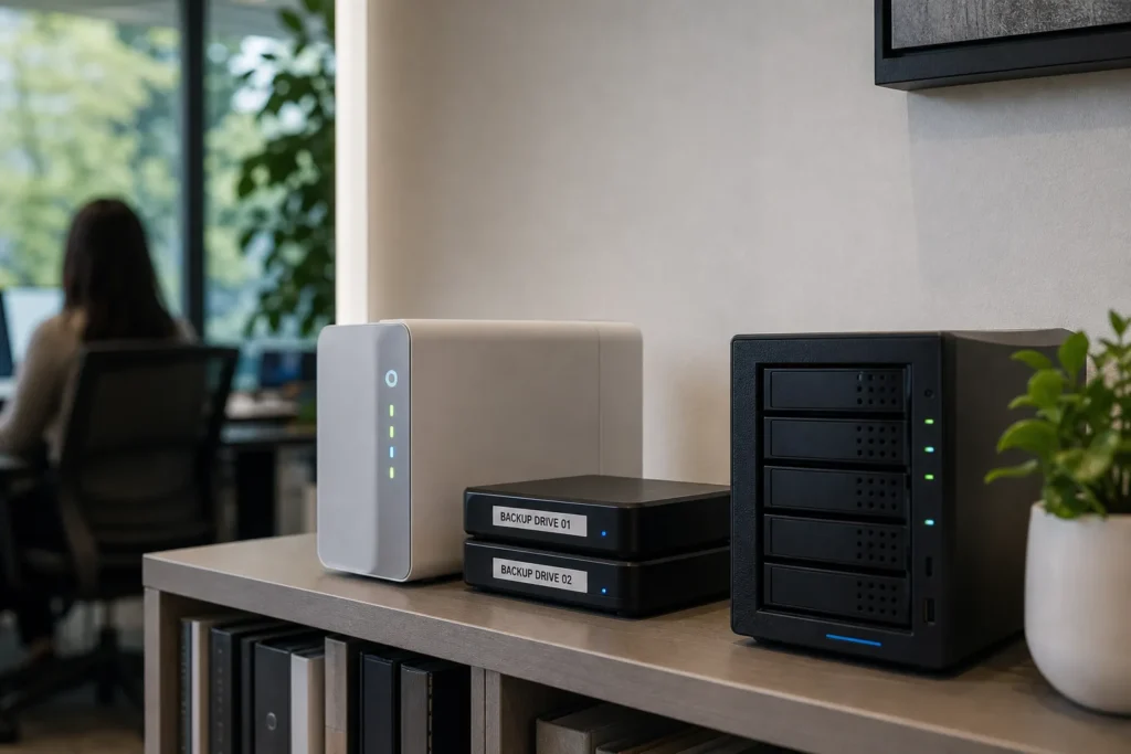 A compact backup appliance and two labelled external drives on a shelf beside a small server, status lights glowing