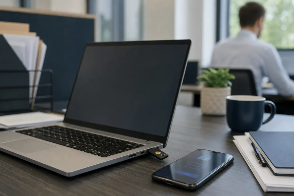 A laptop with a hardware security key plugged in and a smartphone showing a softly blurred sign-in prompt
