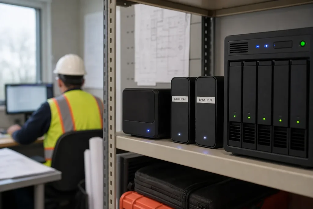 A compact backup appliance and two labelled external drives on a shelf beside a small server, status lights glowing