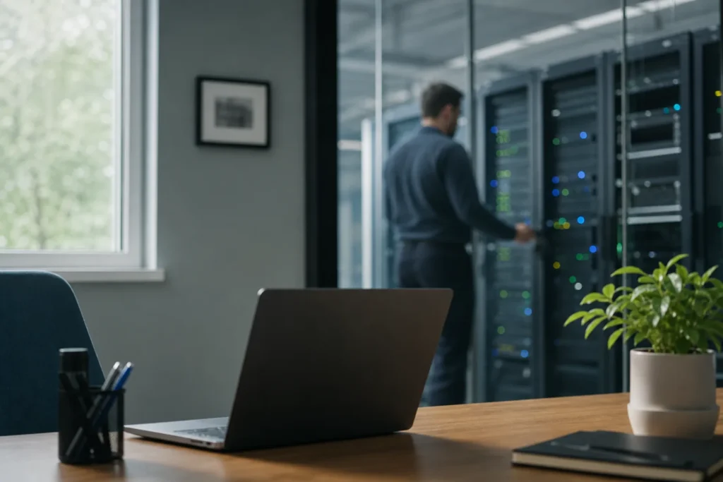 A laptop on a desk with a softly out-of-focus row of data centre racks behind glass