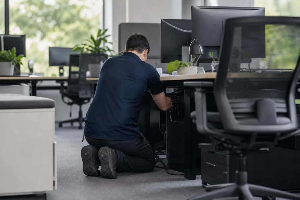 A technician kneeling beside a desk connecting a workstation under it, seen from behind