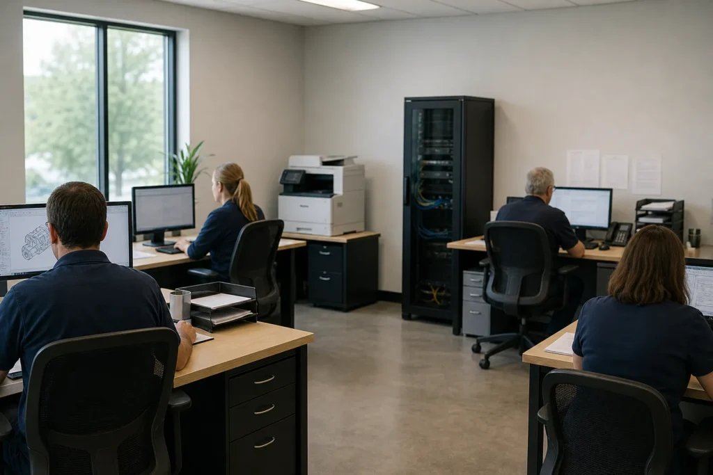 A small bright office with four desks, a printer and a tidy network cabinet in the corner